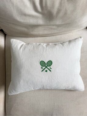 Ralph Lauren White Pillow with Green Tennis Racket Embroidery